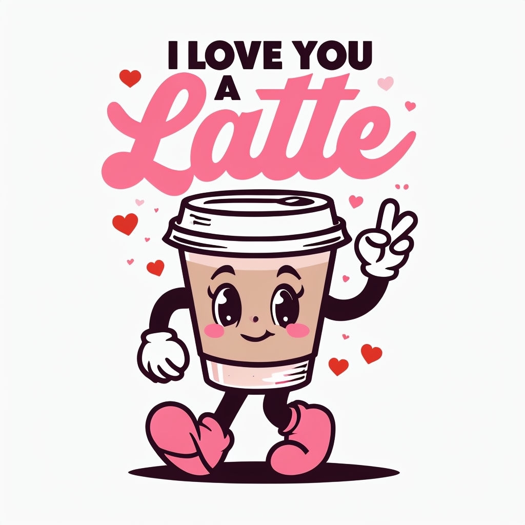 Cheerful Cartoon Coffee Cup with I Love You A Latte T-Shirt