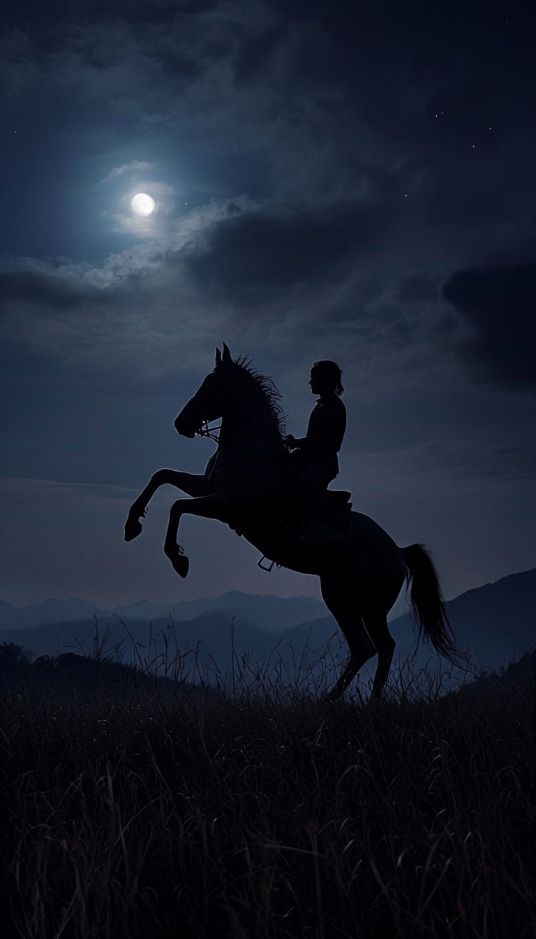 Dramatic Silhouette of Horse Rider Under Moonlit Sky Mobile Wallpaper