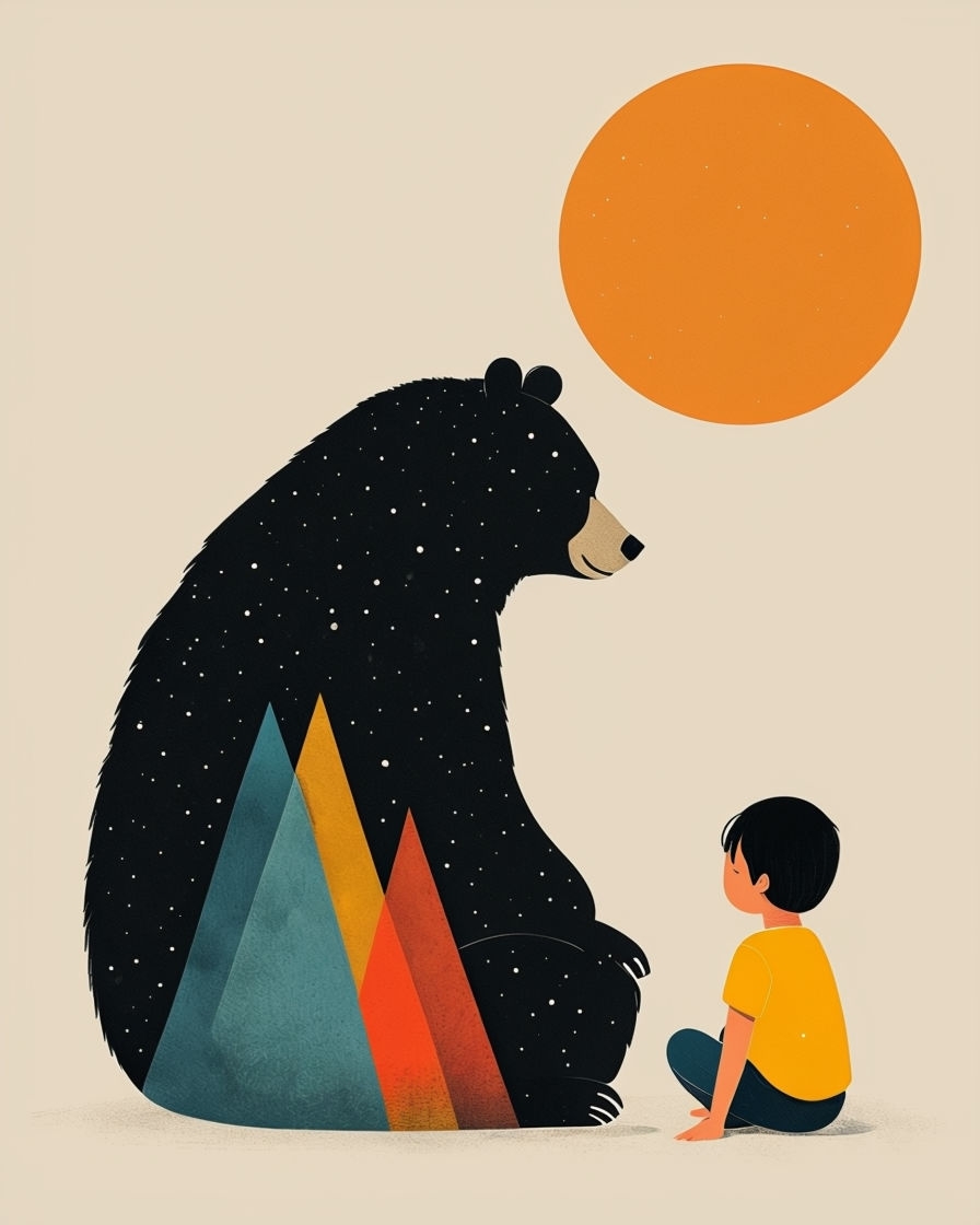 Whimsical Black Bear and Child Starry Night Illustration Art