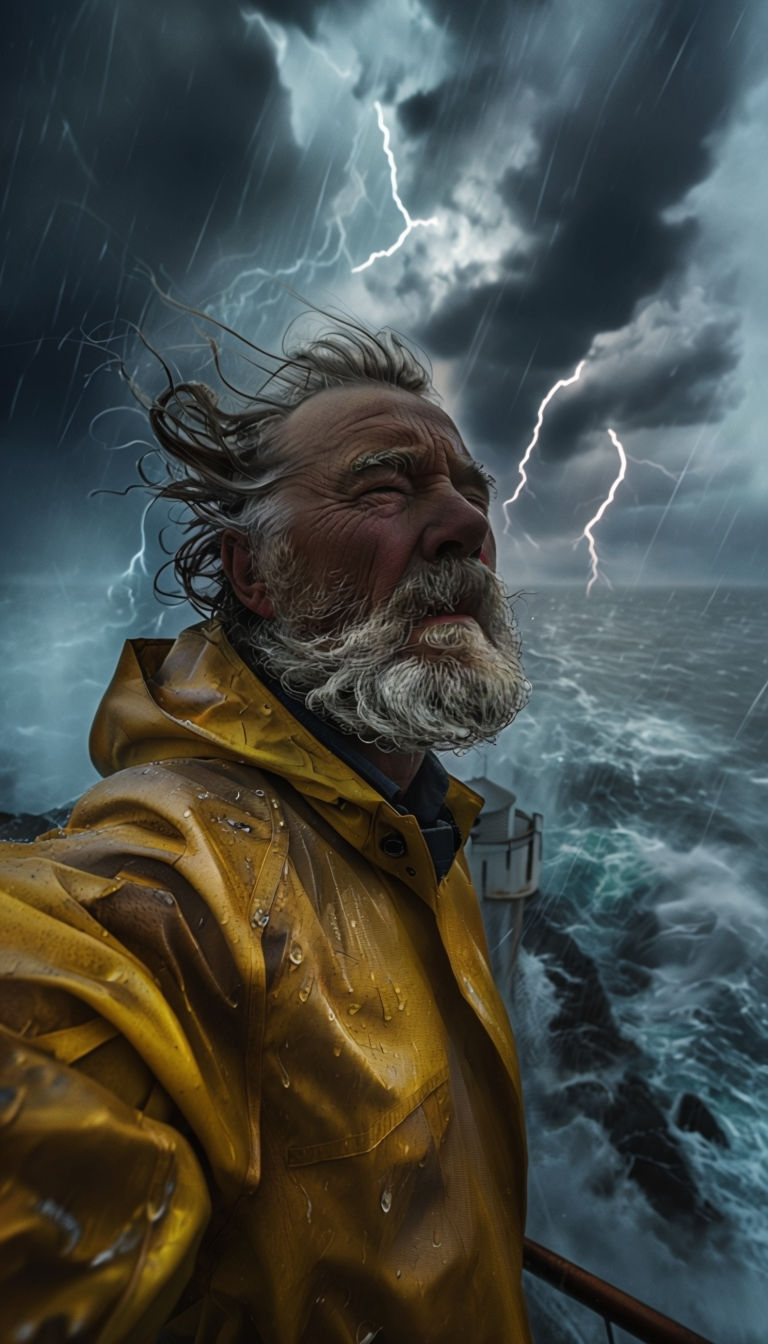 Dramatic Lighthouse Keeper Portrait Captured in Stormy Cinematic Atmosphere Art