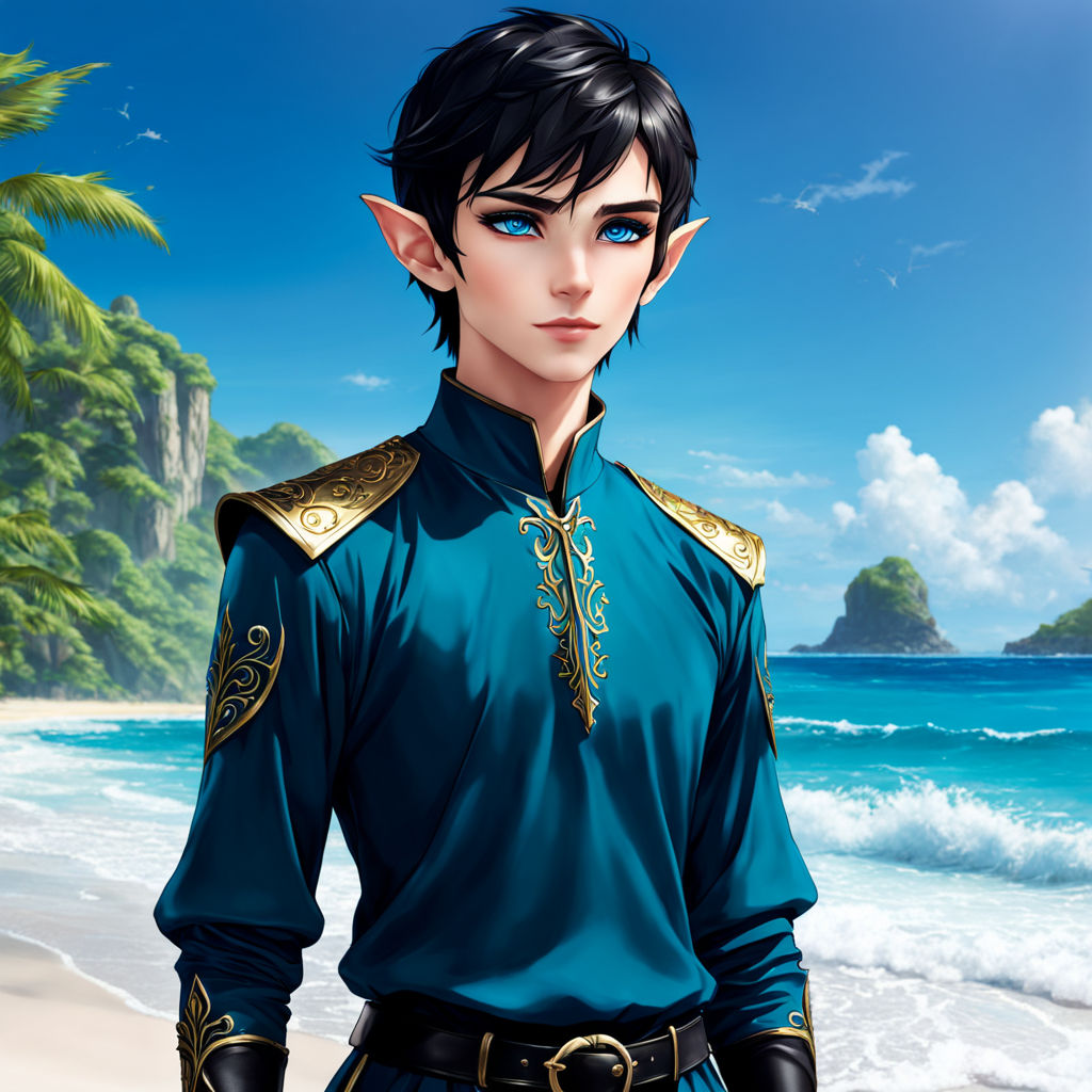 full body anime naked dark skin elf with dark blue hair