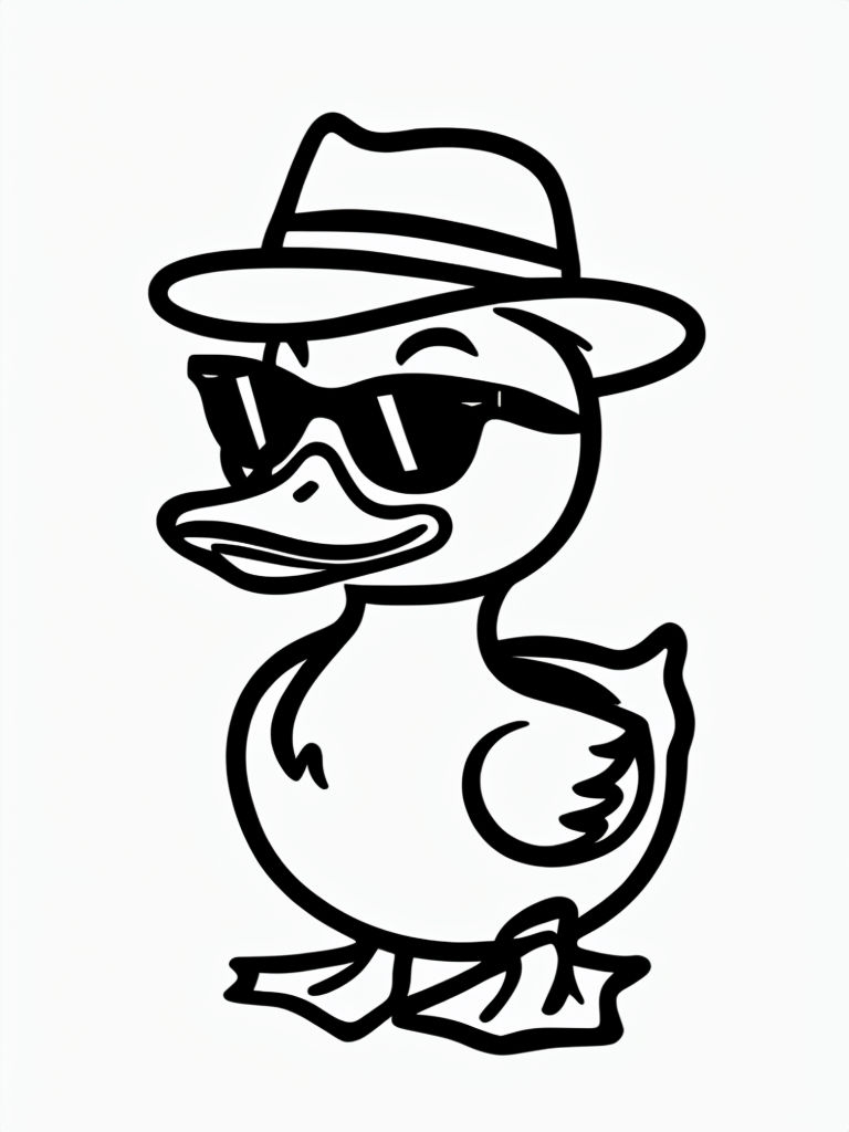 Humorous Cartoon Duck in Fedora and Sunglasses Coloring Page