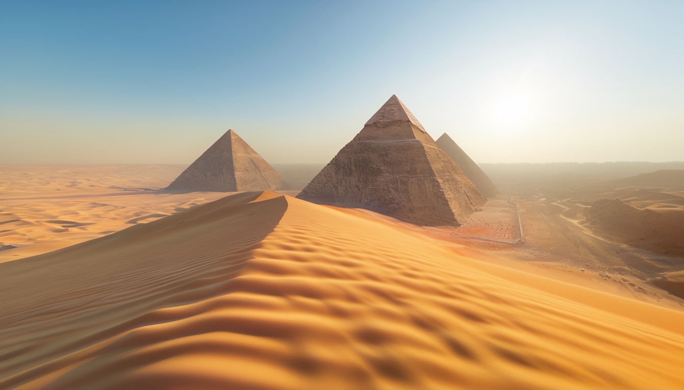 Vast Desert Landscape with Pyramids and Sand Dunes Background