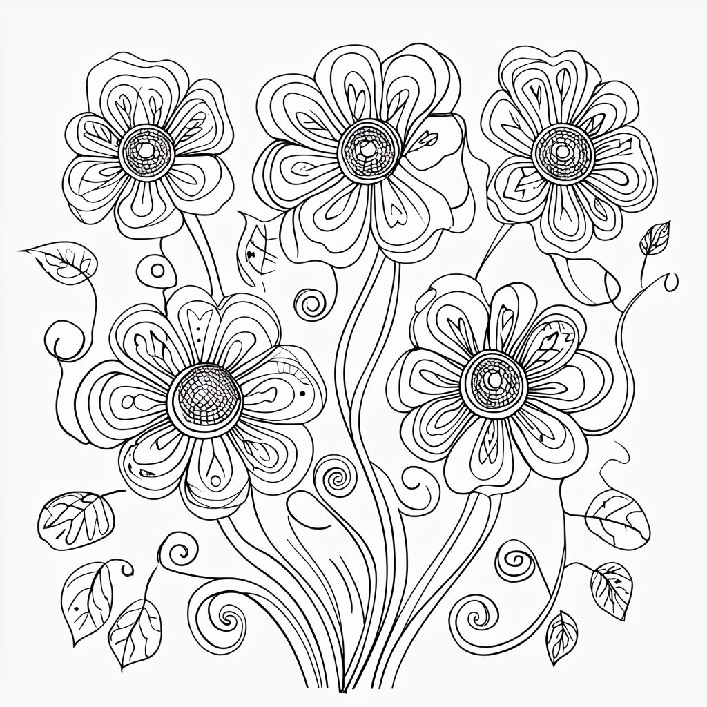 Whimsical Floral Abstract Line Drawing for Coloring Book Art