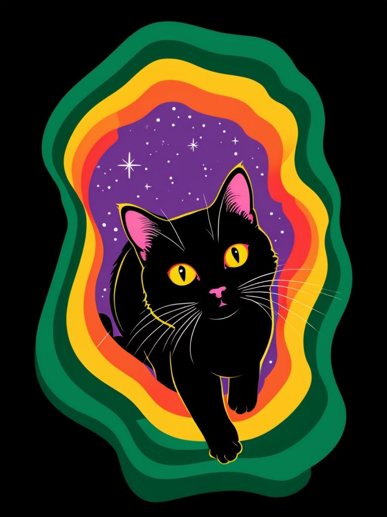 Vibrant Black Cat with Rainbow and Stars Pop Art T-Shirt