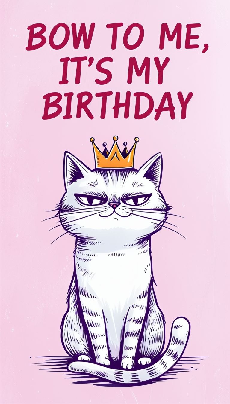 Smug Cat with Crown Birthday Card Design for Celebration Cards & Invites