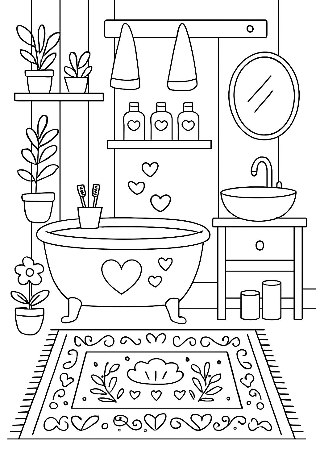 Cozy Black and White Bathroom Scene with Heart Patterns Coloring Book Pages