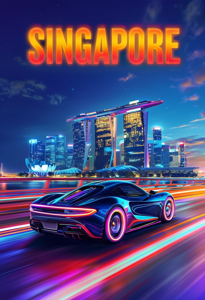 Futuristic Singapore Cityscape with Sleek Sports Car Poster