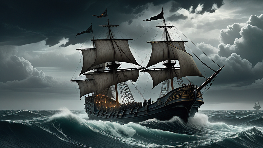 Medieval ship cresting waves in a turbulent sea by critter fishin games ...