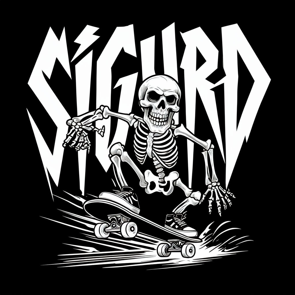 Energetic Black-and-White Skeleton Skateboarding T-Shirt