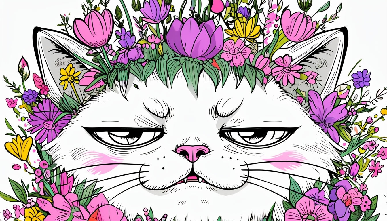 Whimsical White Cat Floral Crown Illustration for Virtual Backgrounds