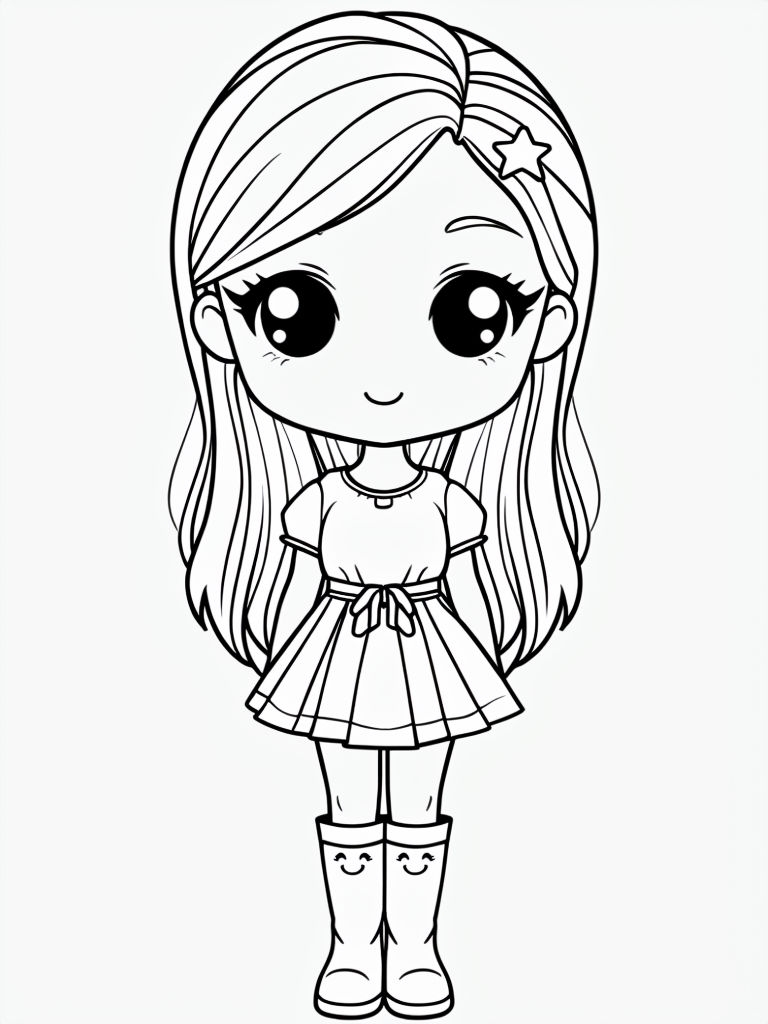 Charming Chibi Girl Illustration in Black Line Art Coloring Book Pages