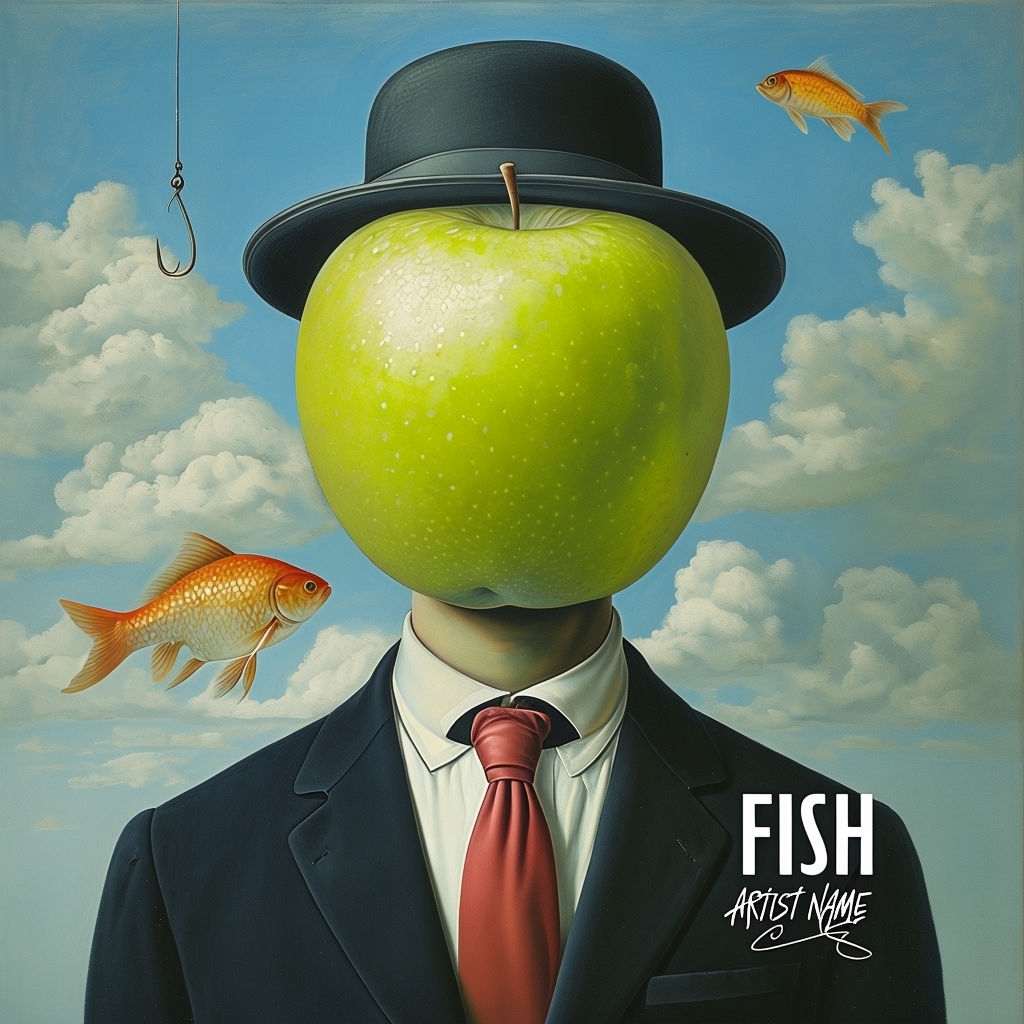 Surreal Humanoid Figure with Apple Head and Goldfish Spotify Album Cover