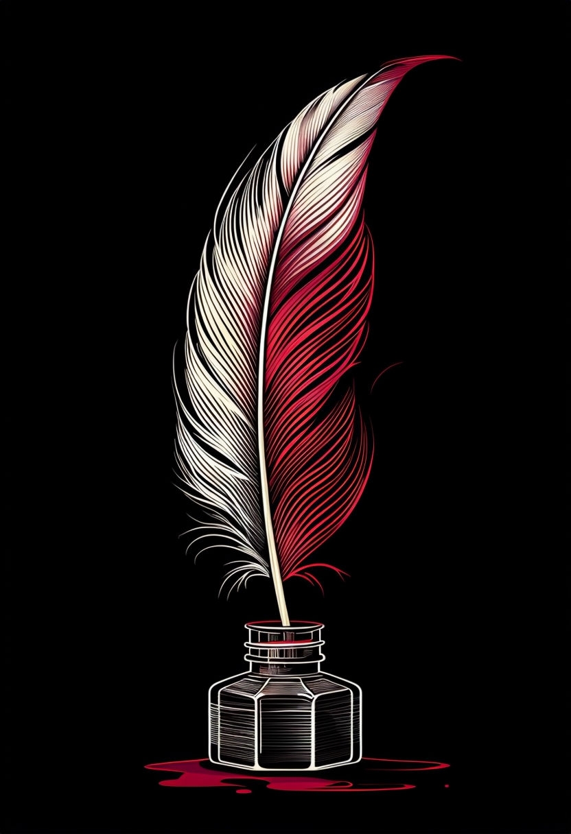 Intricately Designed Feather in Ink Bottle Illustration Art