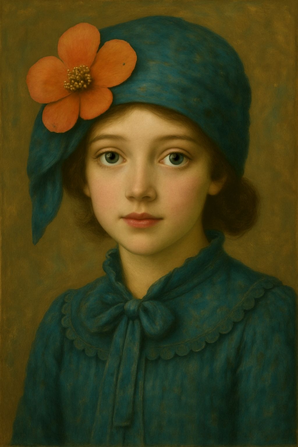 Serene Young Girl Portrait with Teal Headscarf and Flower Art