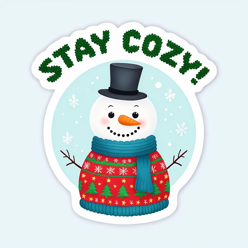 Cute Cartoon Snowman 'Staying Cozy' Christmas Sticker