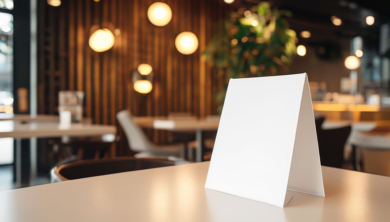 Blank White Table Tent Mockup in Cozy Modern Cafe Setting Mockup