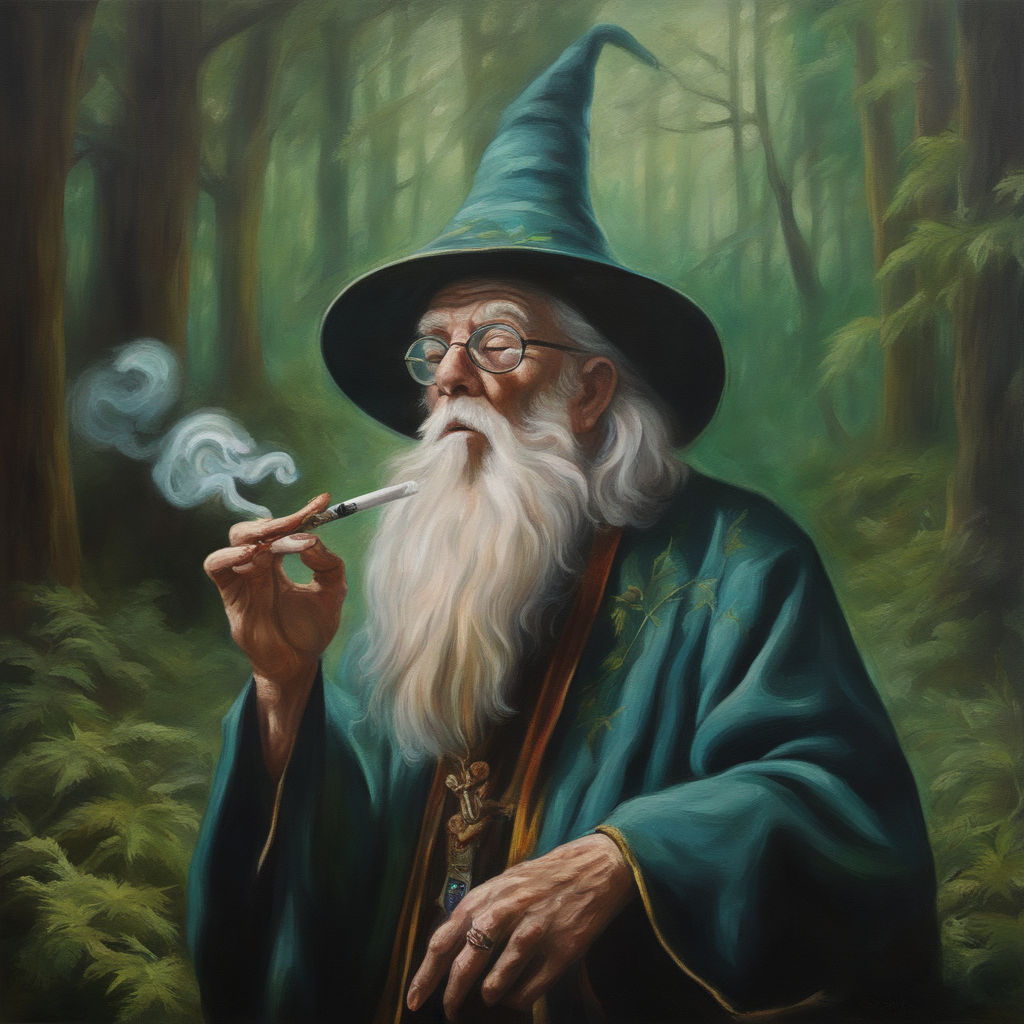 An oil painting of a wise old wizard smoking a blunt in a ve... by ...