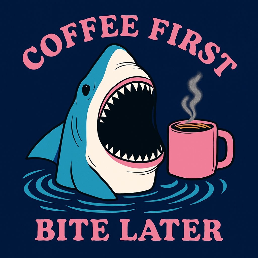 Playful Cartoon Shark with Coffee Mug and Fun Text Mug
