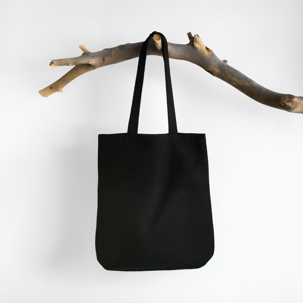 Minimalist Black Tote Bag Hanging on Wooden Branch Mockup