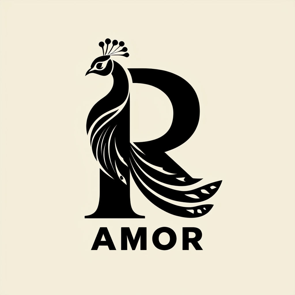 Stylized Black Peacock 'R' Logo with AMOR Text Monogram