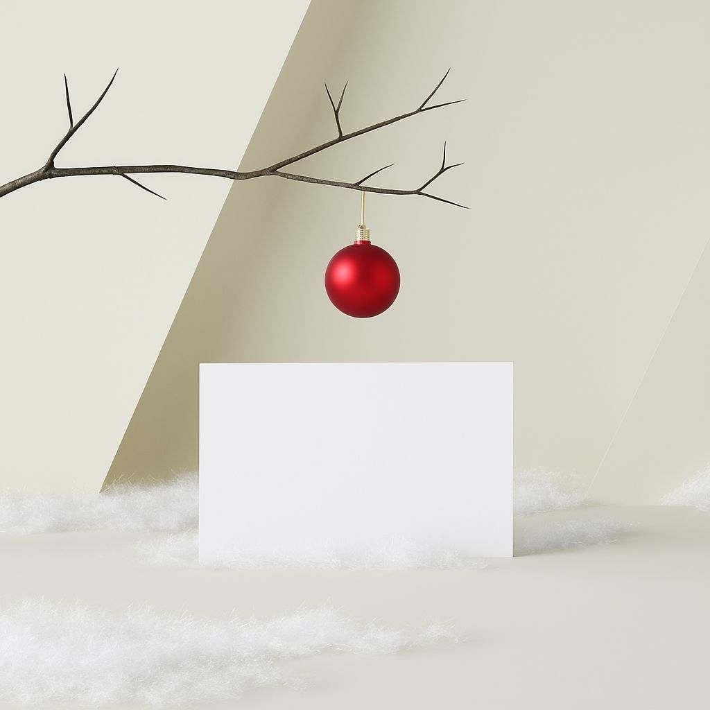 Minimalist Christmas Ornament and Blank Card Still Life Mockup