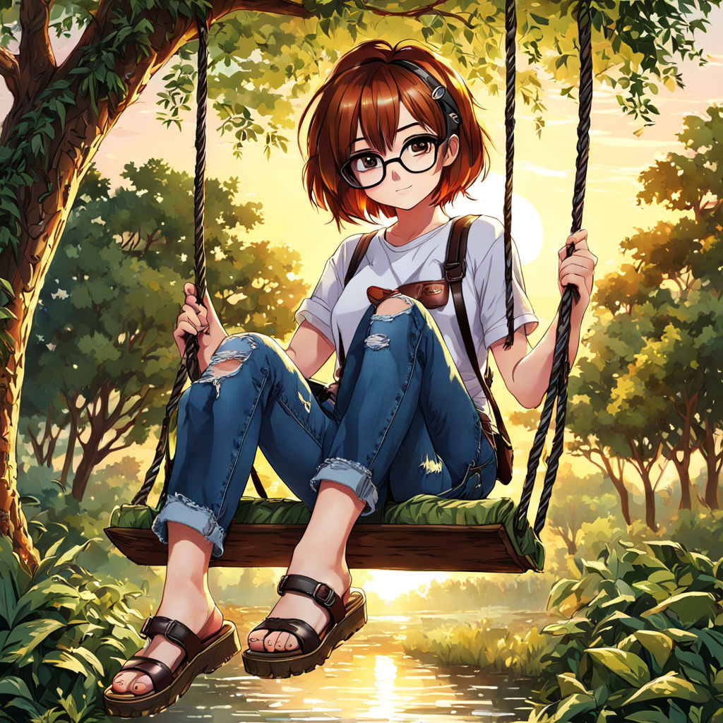 A WOMAN ANIME CHARACTER SITTING ON A SWING ALONE