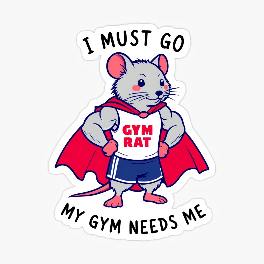 Motivational Cartoon Gym Rat Mouse with Superhero Cape Sticker