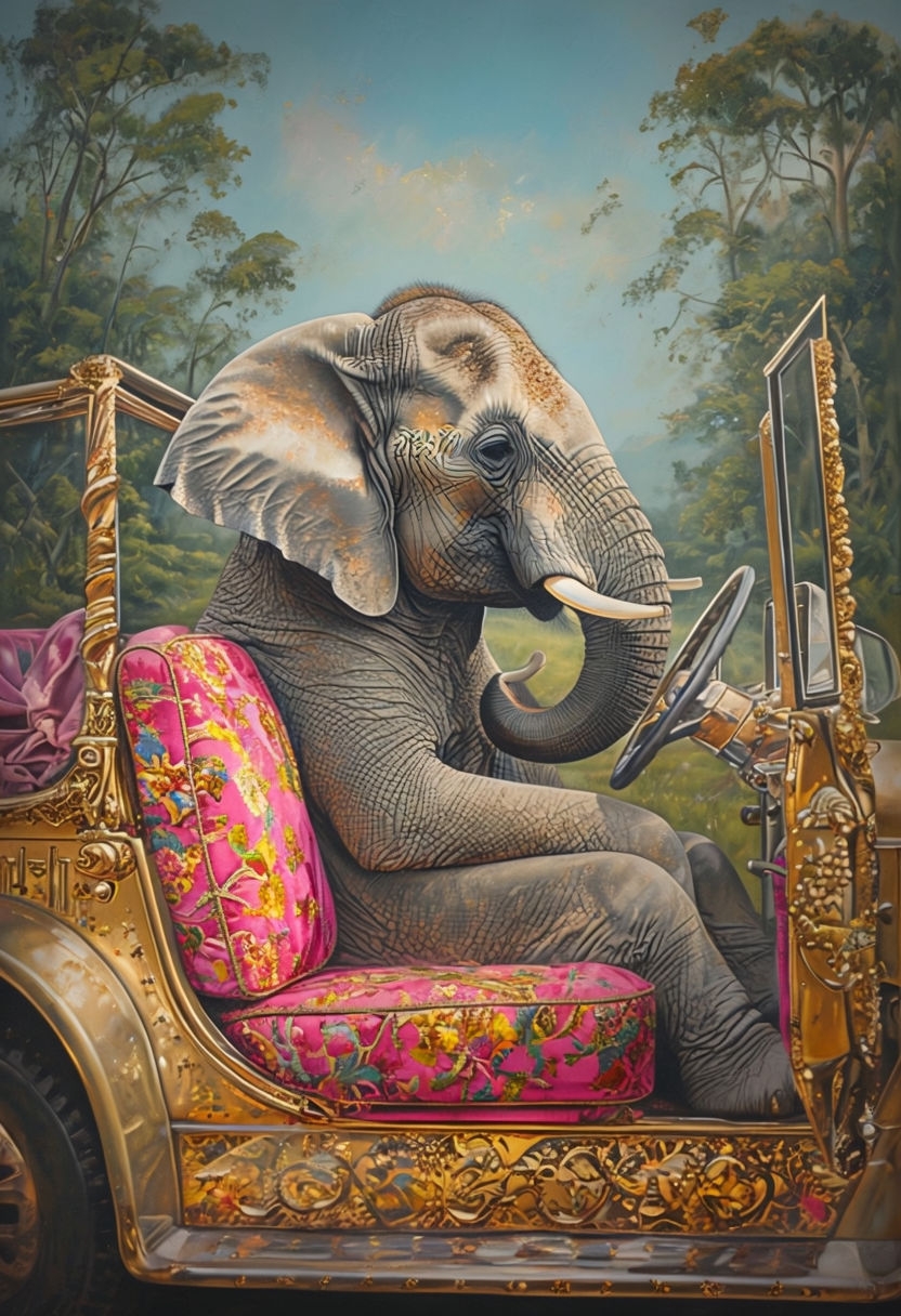 Whimsical Elephant in Vintage Car Surrealistic Art Poster