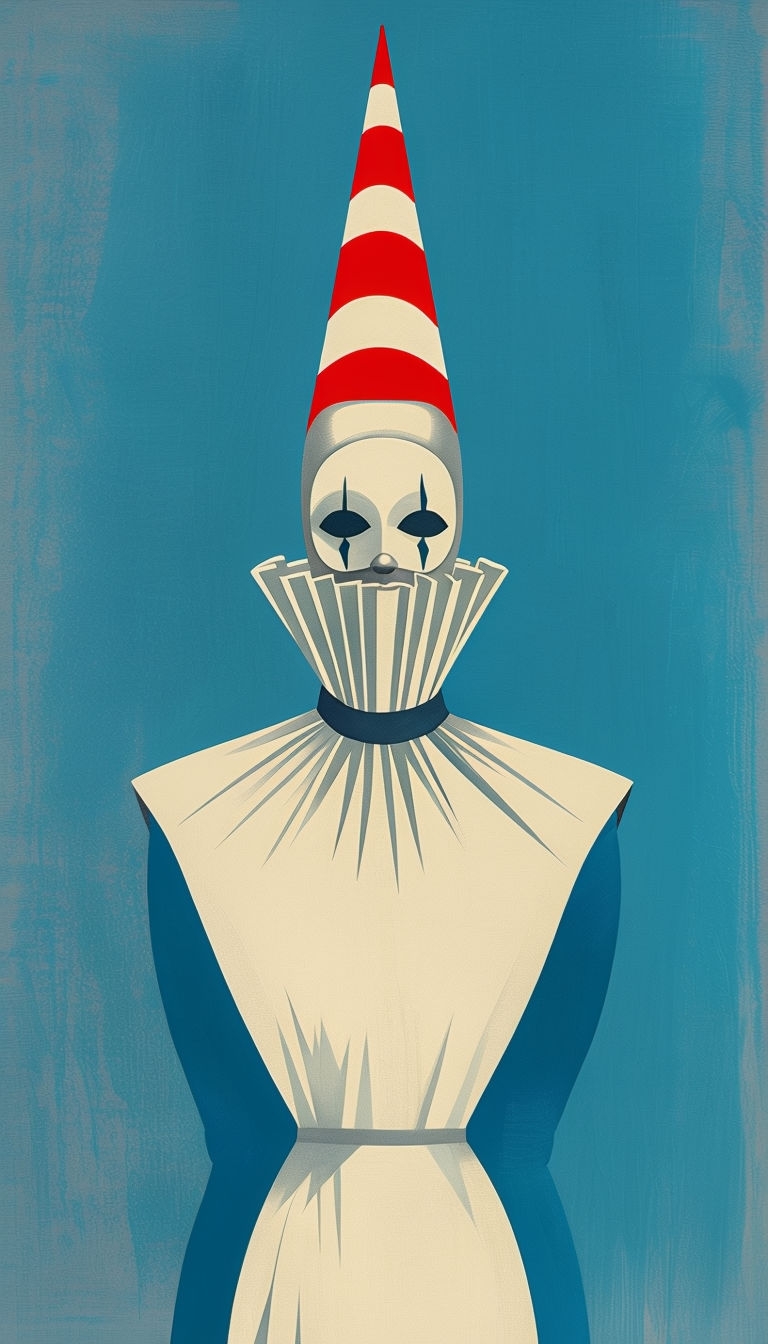 Simplified Clown Figure with Striped Hat and Masked Face Art