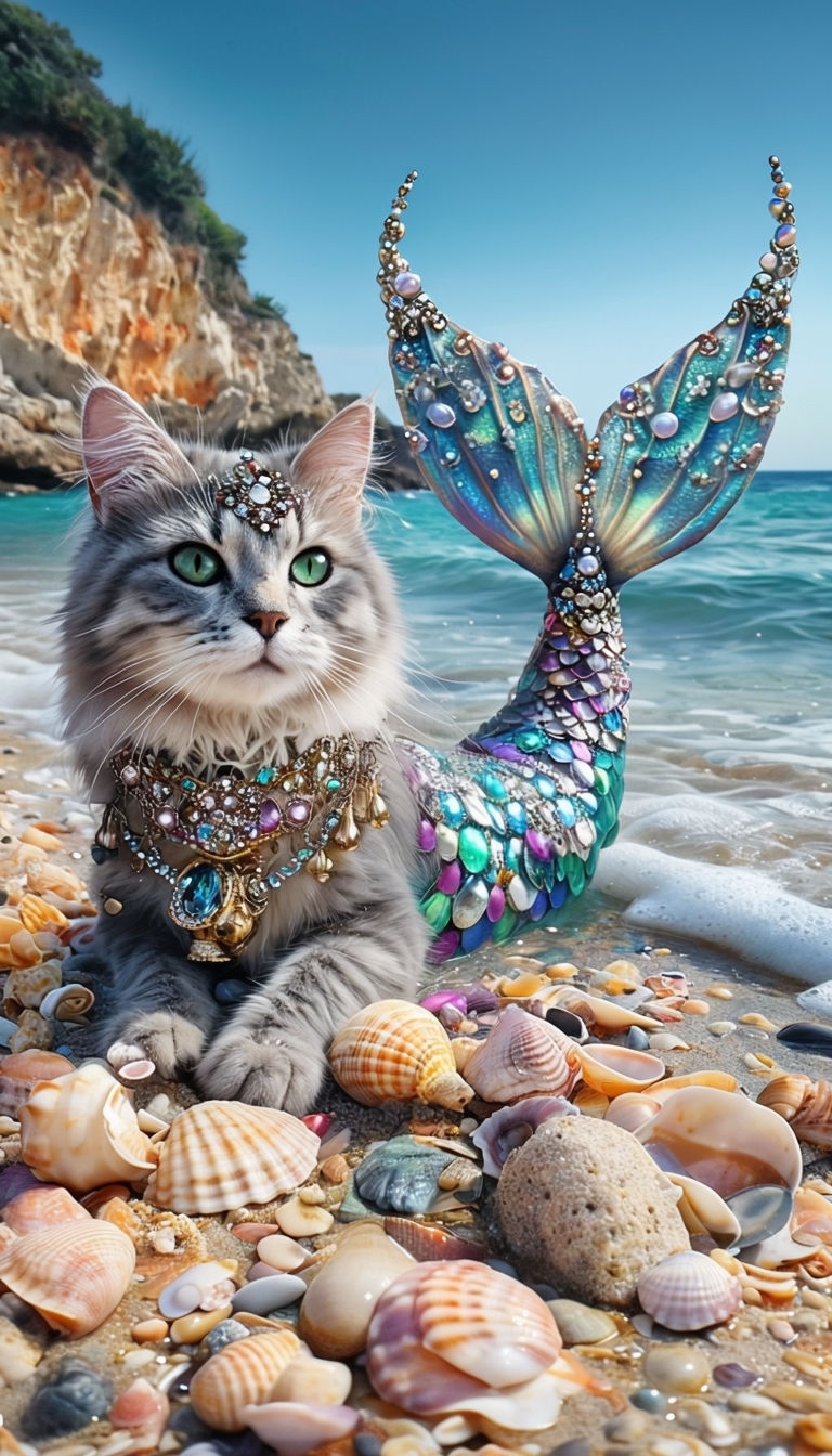 Whimsical Gray Cat in Mermaid Tail on Colorful Beach Poster