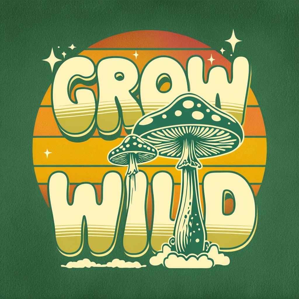 Retro 'Grow Wild' Typography with Whimsical Mushrooms T-Shirt