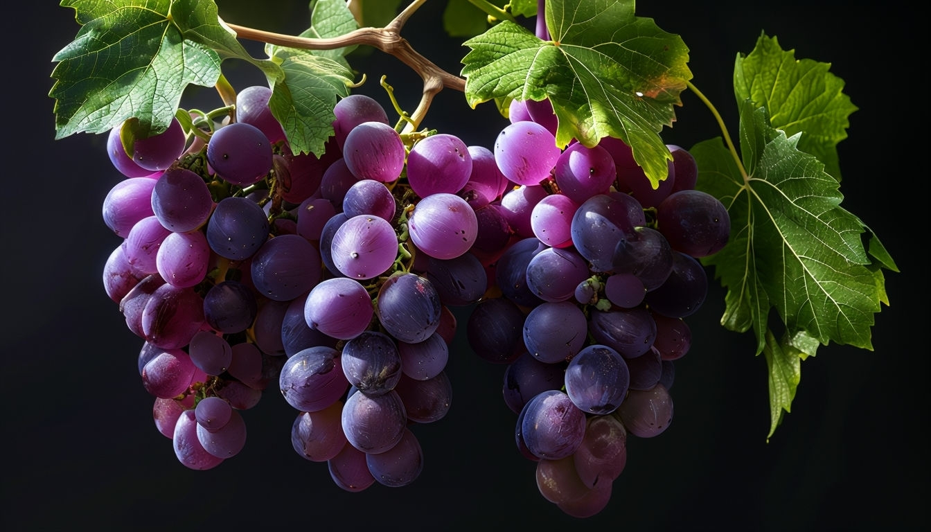 Vibrant Purple Grapes on Vine Against Black Background Art // Virtual Backgrounds