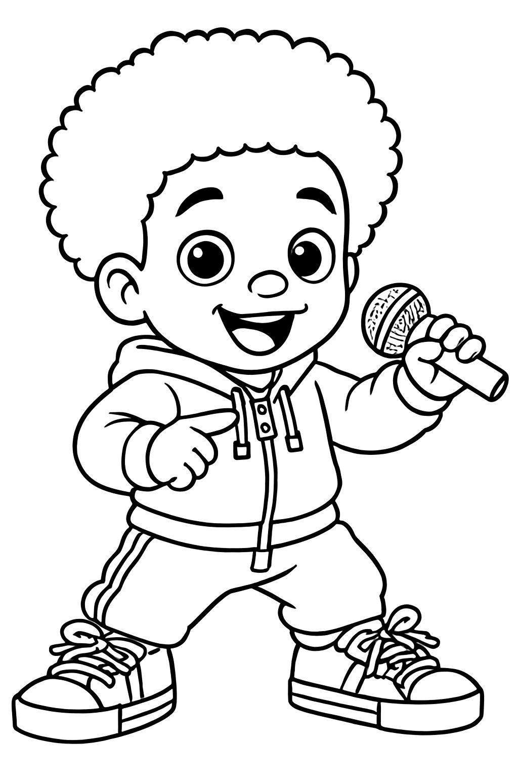 Cheerful Young Boy with Microphone Black and White Line Art Coloring Book Pages
