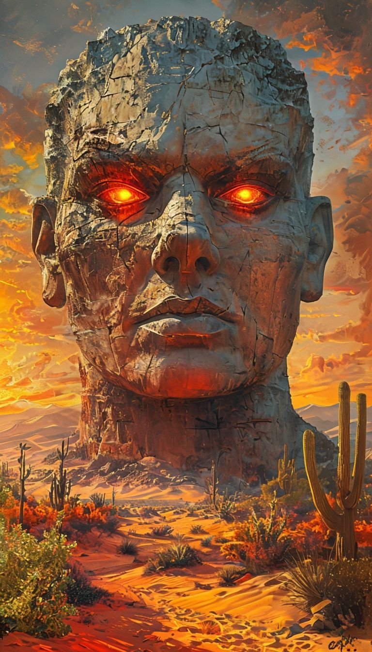 Eerie Colossal Stone Head in Mysterious Desert Landscape Mobile Wallpaper