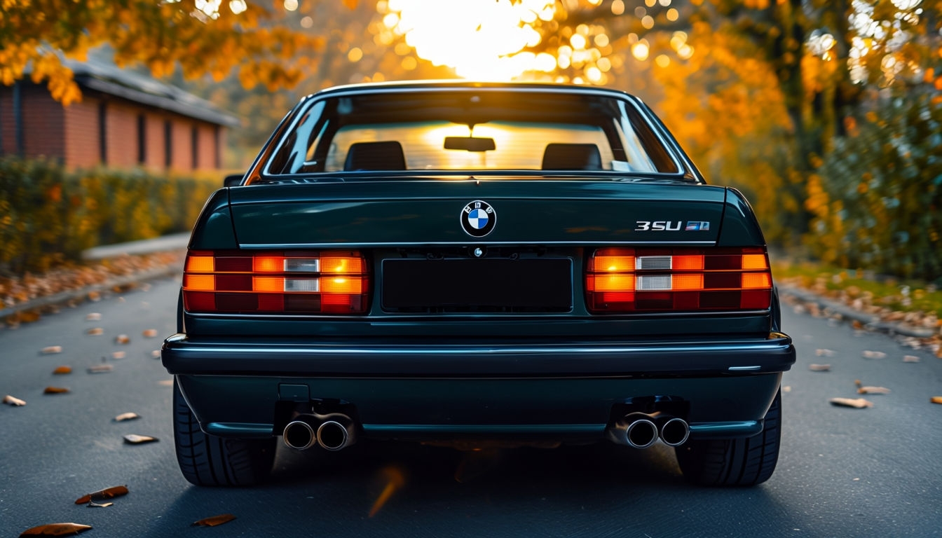Classic Dark Green BMW 3 Series at Sunset Virtual Background