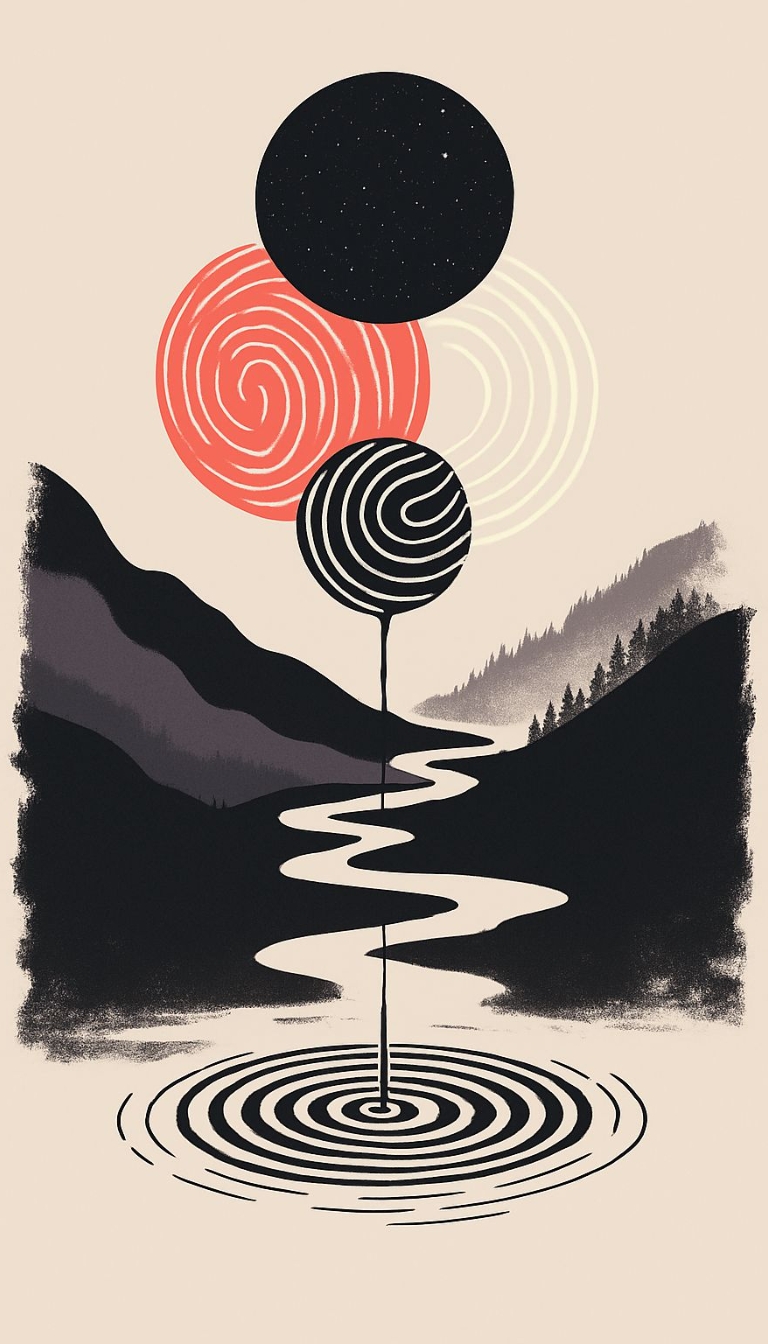 Surrealist Three Sphere Black Coral River Scene Mobile Wallpaper