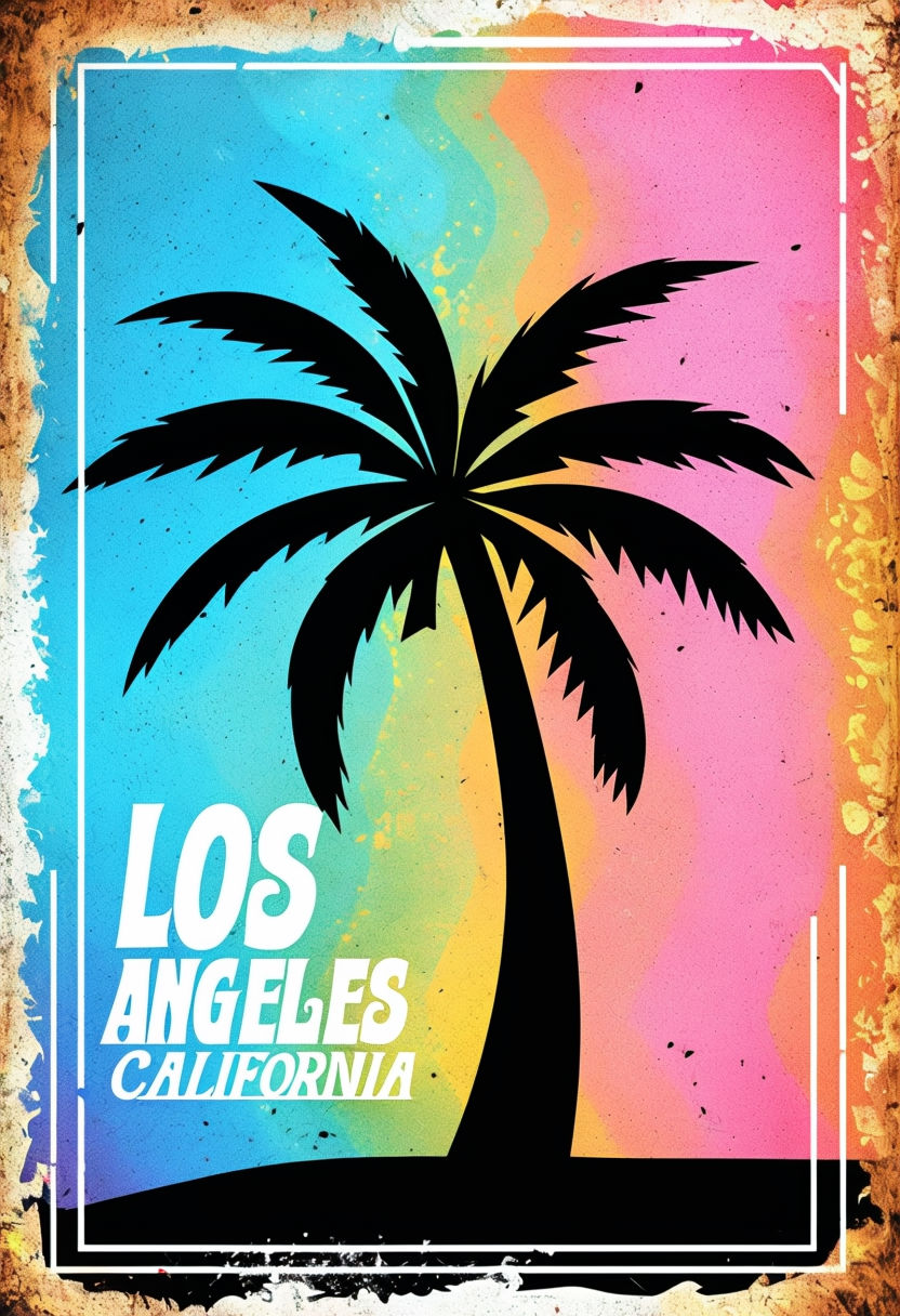 Vibrant Retro Los Angeles California Palm Tree Graphic Design Poster