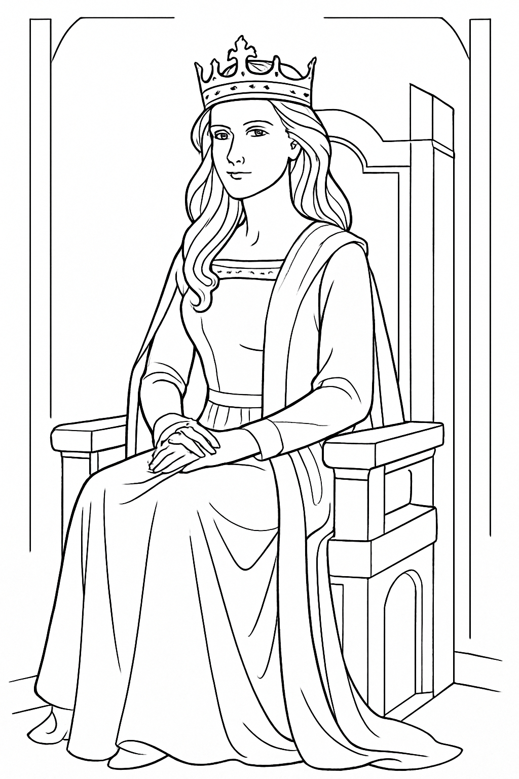 Regal Medieval Queen on Ornate Throne Coloring Book Page