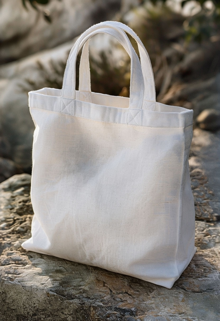 Elegant White Canvas Tote Bag Mockup on Natural Stone Surface