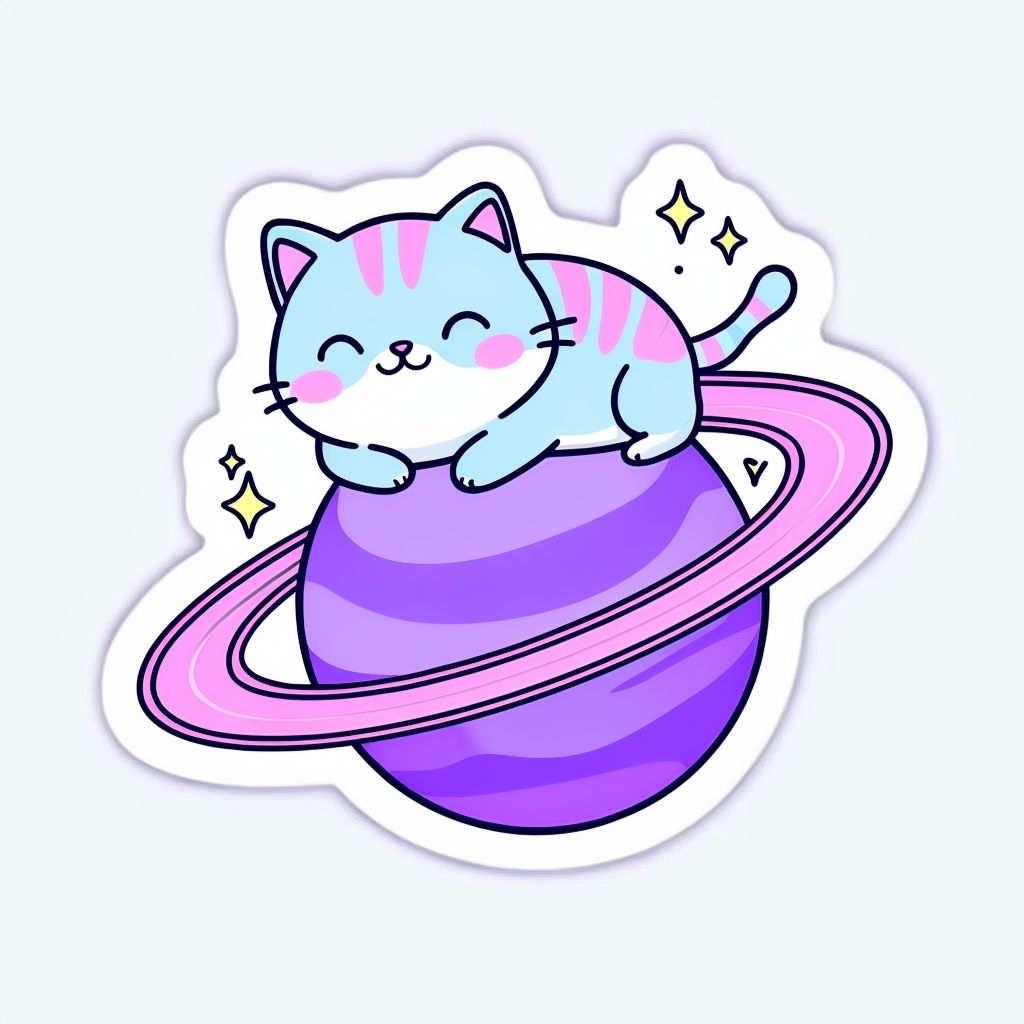 Chubby Cat Relaxing on Purple Planet with Stars Sticker