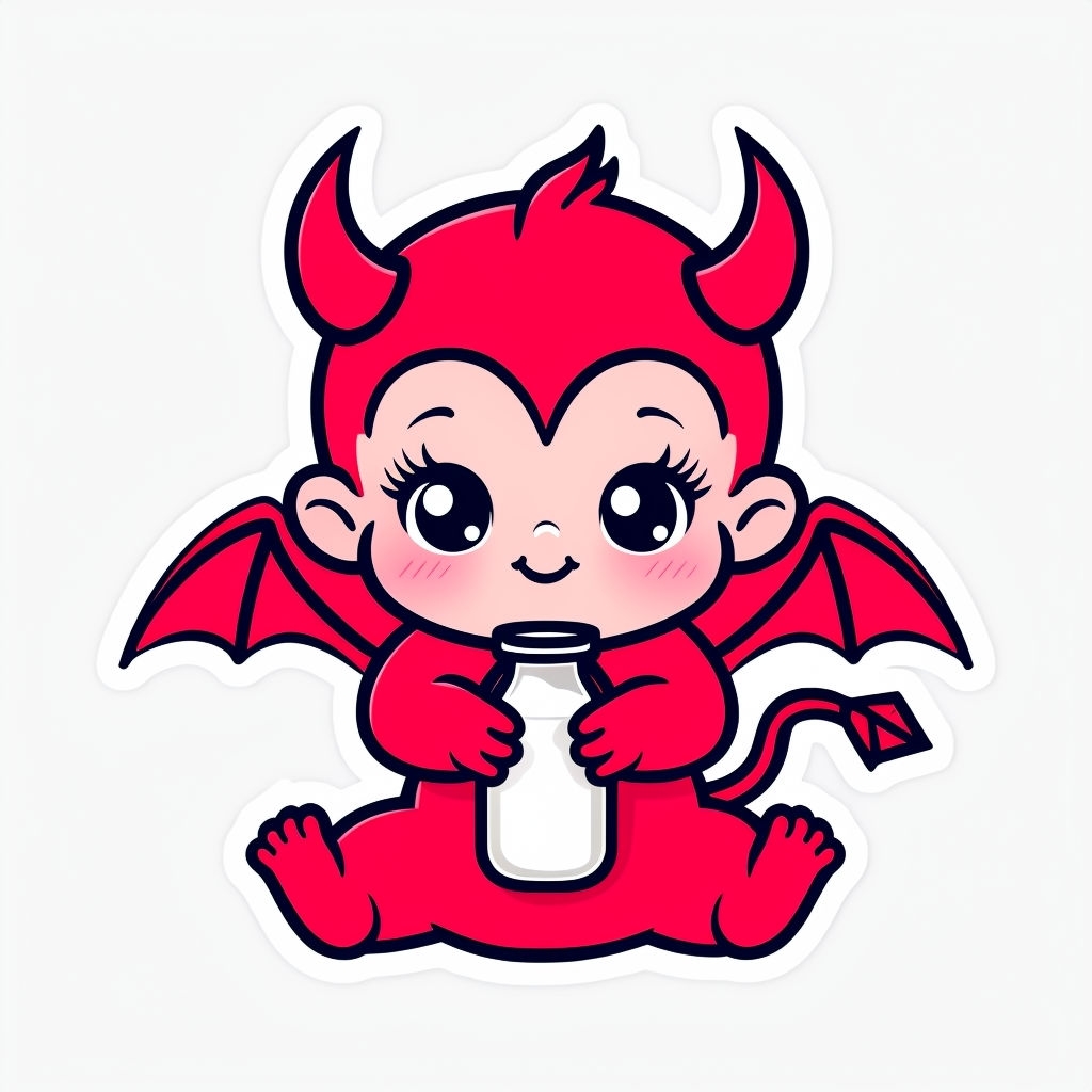 Playful Cartoon Devil Baby Holding Milk Sticker