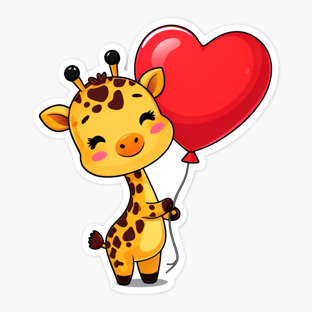 Cheerful Cartoon Giraffe Holding Heart Balloon Sticker