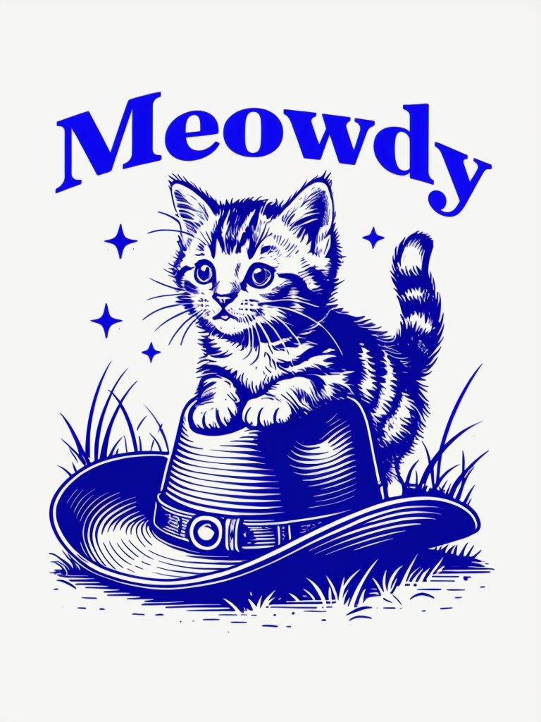 Whimsical Vintage Kitten on Cowboy Hat T-Shirt