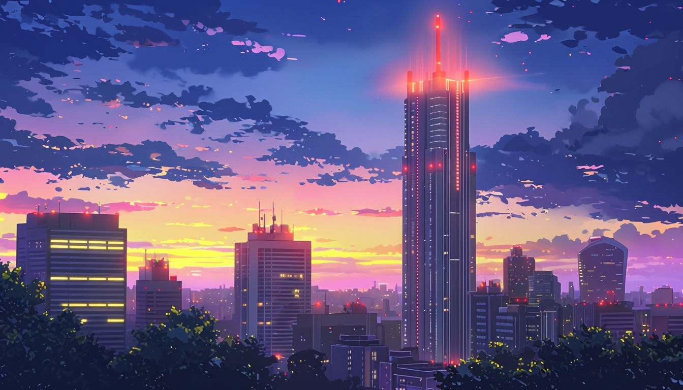 Anime-Inspired Urban Cityscape at Dusk Illustration Virtual Backgrounds