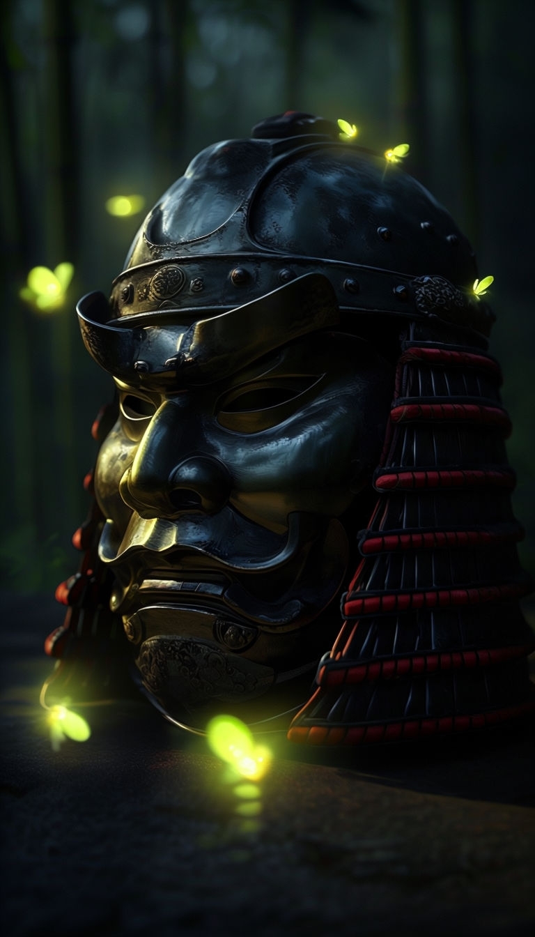 Atmospheric Samurai Mask with Fireflies Digital Art Mobile Wallpaper