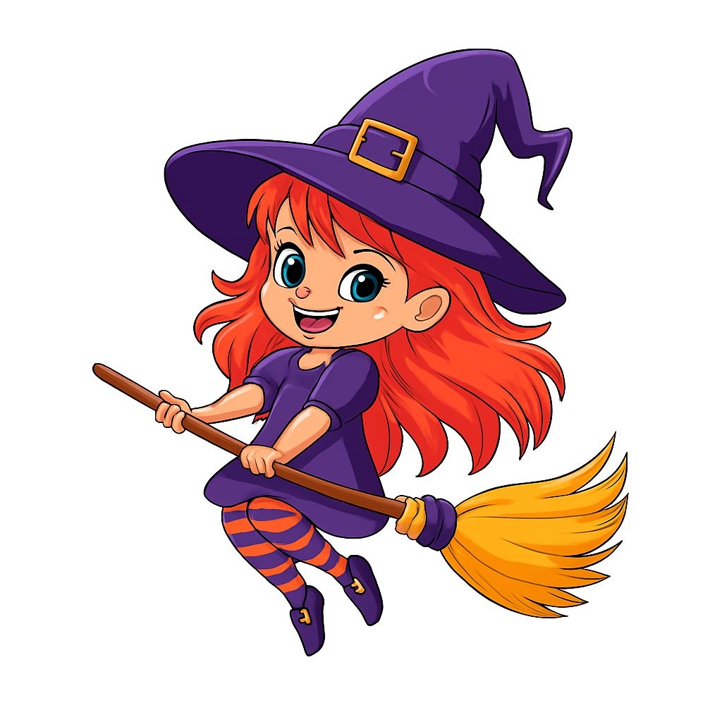 Cheerful Cartoon Witch Flying on Broomstick Halloween Sticker