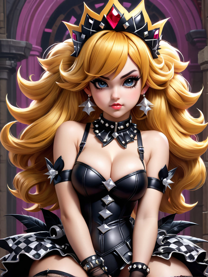 Princess Peach from Mario wearing revealing goth clothing with piercings  and black makeup. Modern clothing short shorts with big boobs. Pigtails