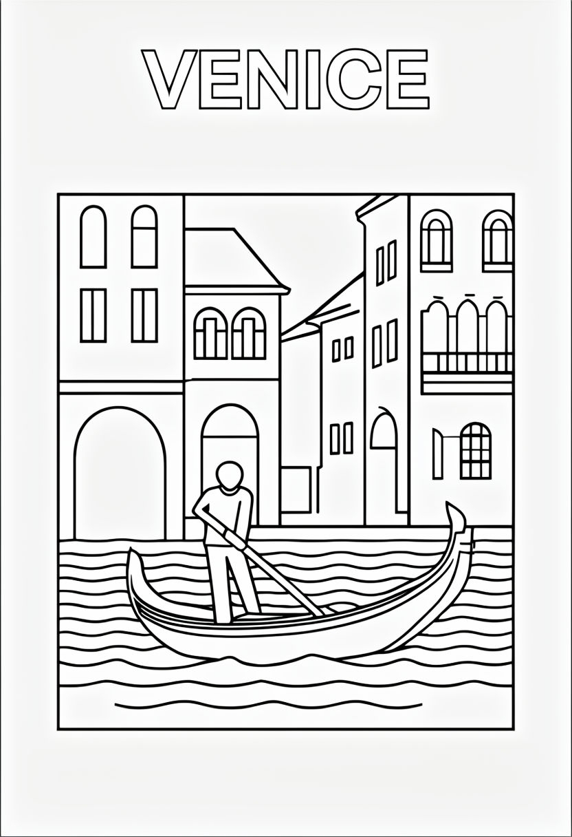Venice Gondola Cartoon Line Drawing for Coloring Book Pages
