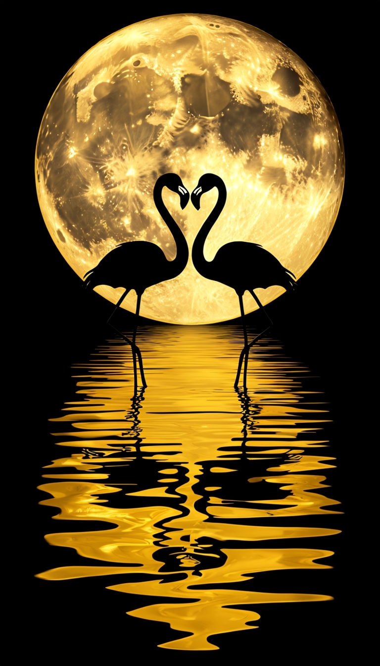 Silhouetted Flamingos Forming Heart Under Bright Yellow Moon Mobile Wallpaper